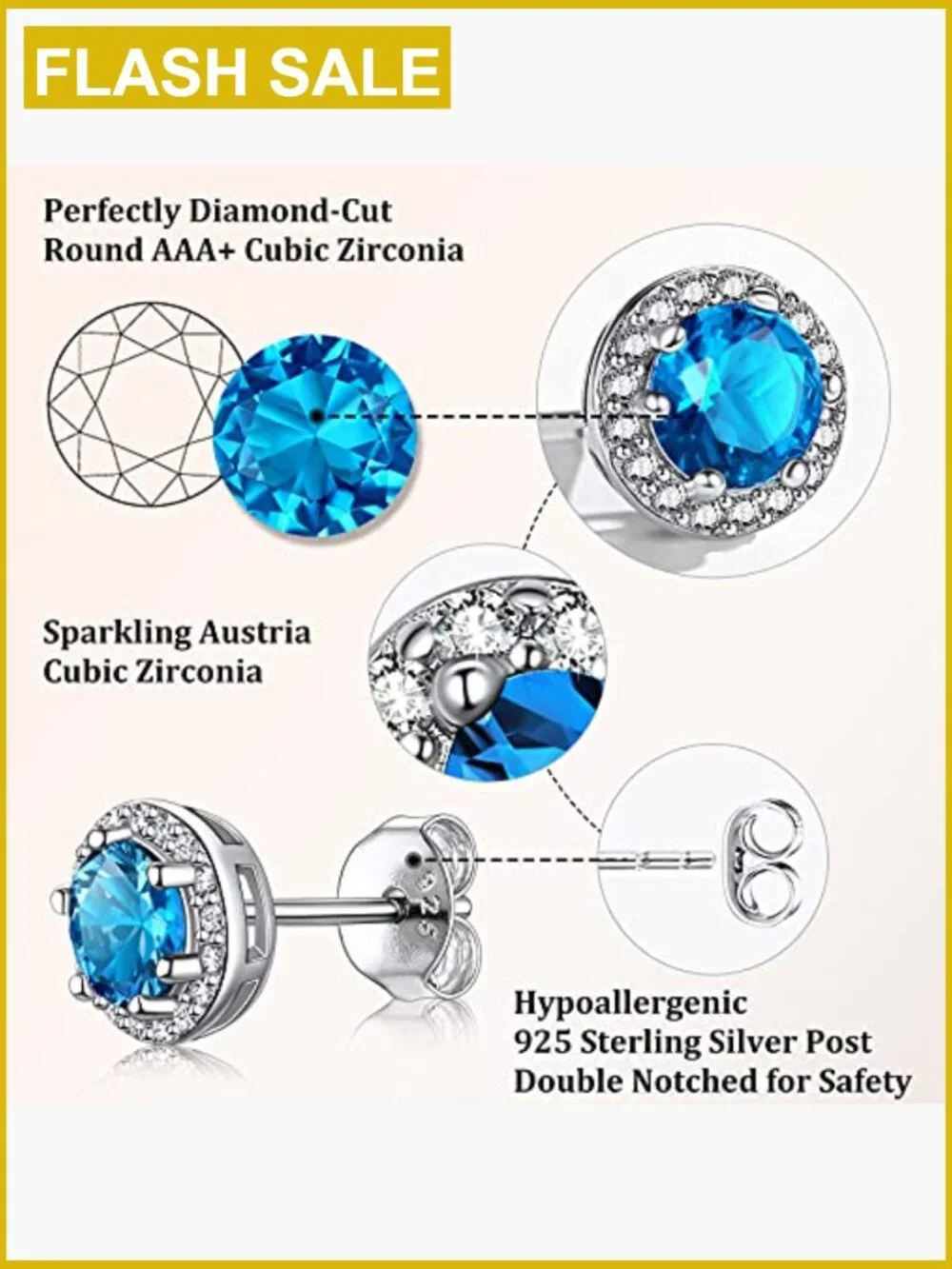 925 Sterling Silver Birthstone Stud Earrings - Blue Topaz